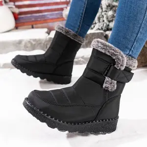 Winter Snow Boots for Women Fur Lined Warm Waterproof Slip On Booties with Breathable Fur Lining Slip Resistant Sole Black Oxford Cloth Upper Velcro Closure Outdoor Booties for Camping Walking