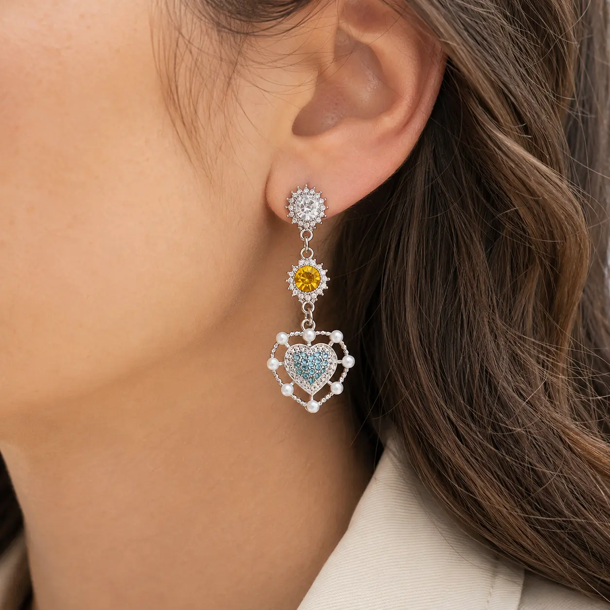 Elegant Heart-Shaped Dangle Earrings with Multicolor Gemstones and Pearl Accents for Women's Fashion