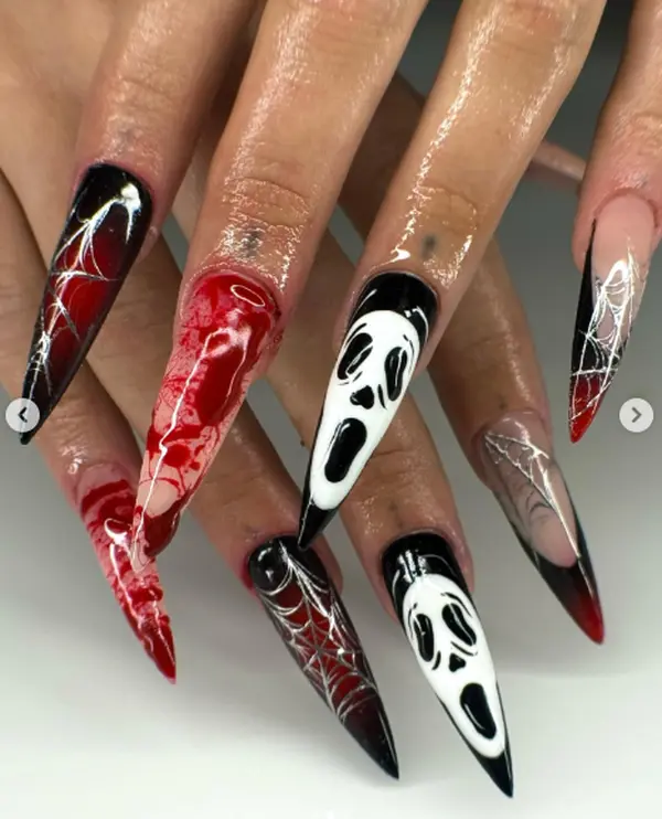 Bloody Scream Press On Nails, Red Black Spider Web Stiletto Nails, Horror Halloween Ghostface Inspired Gothic Fake Nails Gift
