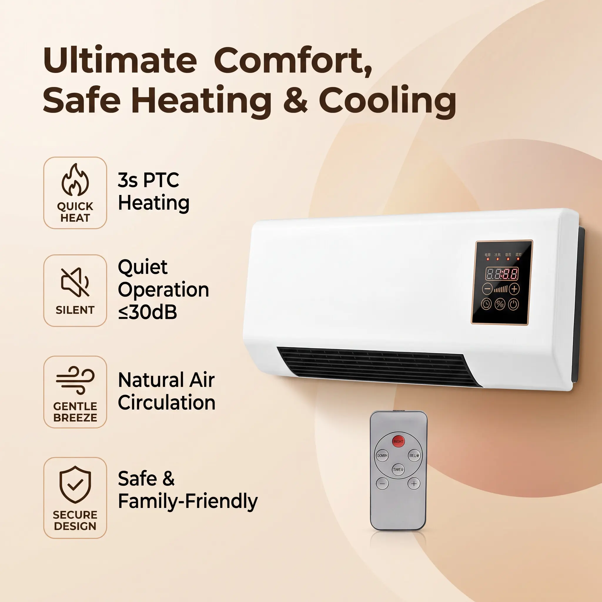 1800W Wall-Mount 2-in-1 Natural Cool Fan & PTC Warm Heater with 6H Timer, Remote Control, Portable Wall AC Unit for Bedroom Home Office
