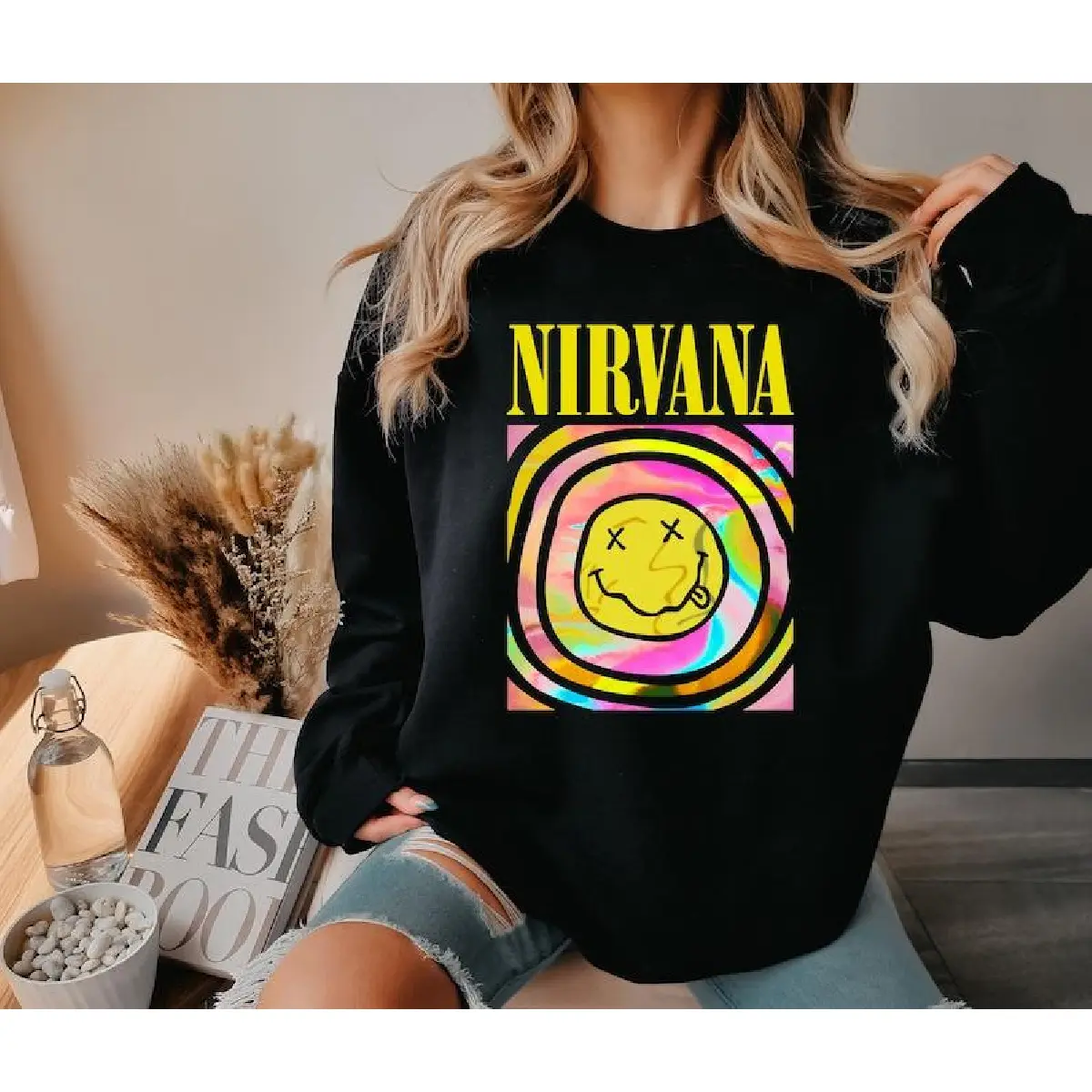 Nirvana Smile Face Overdyed Crew Neck Sweatshirt And T-shirt, Preppy Sweatshirt, 90’s Hoodie and Sweater; T-shirt Cotton Polyester