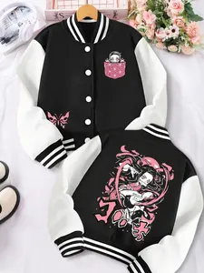 Girls' Short Baseball Jacket, Casual Comfy Jacket, Cool Design, Demon Slayer Nezuko Pocket Decor, Butterfly Element, Casual Comfortable Outerwear, Collared jacket