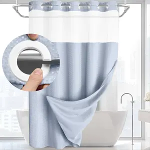 No Hook Shower Curtain with Snap in Liner Grey Wagon-fly Double Layer Waterproof Inner Liner White Cloth 72x75 Inch Machine Washable Easy Care
