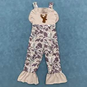 Embroidery Deer Toddle Baby Girls Wide Leg Camo Overall