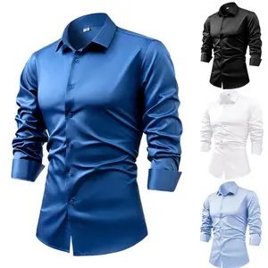 Men's Plain Silky Satin Dress Shirt - Wrinkle-Free, 4-Way Stretch Luxury Long Sleeve Top for Business & Formal Occasions