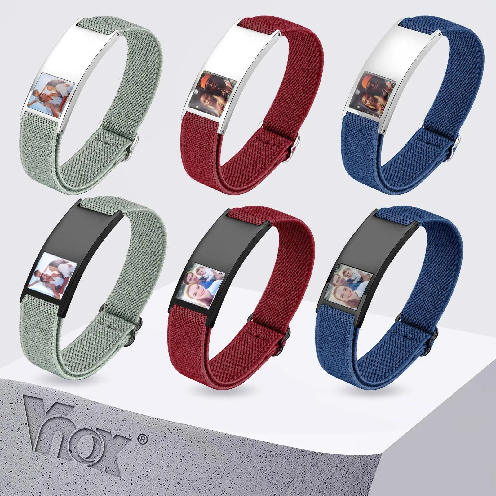 Vnox Personalized Po Bracelet for Men, Custom Engraved Picture Text Custom Elastic Strap Stainless Steel ID Bracelets Gifts