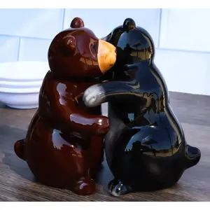 Ceramic Black And Grizzly Brown Bears Hugging Dancing Salt And Pepper Shakers