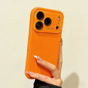 Fashion Simple Orange Baby Pink iPhone 17 Pro Max Silicone Case with Camera Lens Protector for Apple 17Pro Air 16 15 14 13 12 Full Body Protection Silky Soft Touch Cellphone Casing Shockproof Cover Microfiber Lining Anti-Dust Wireless Charging