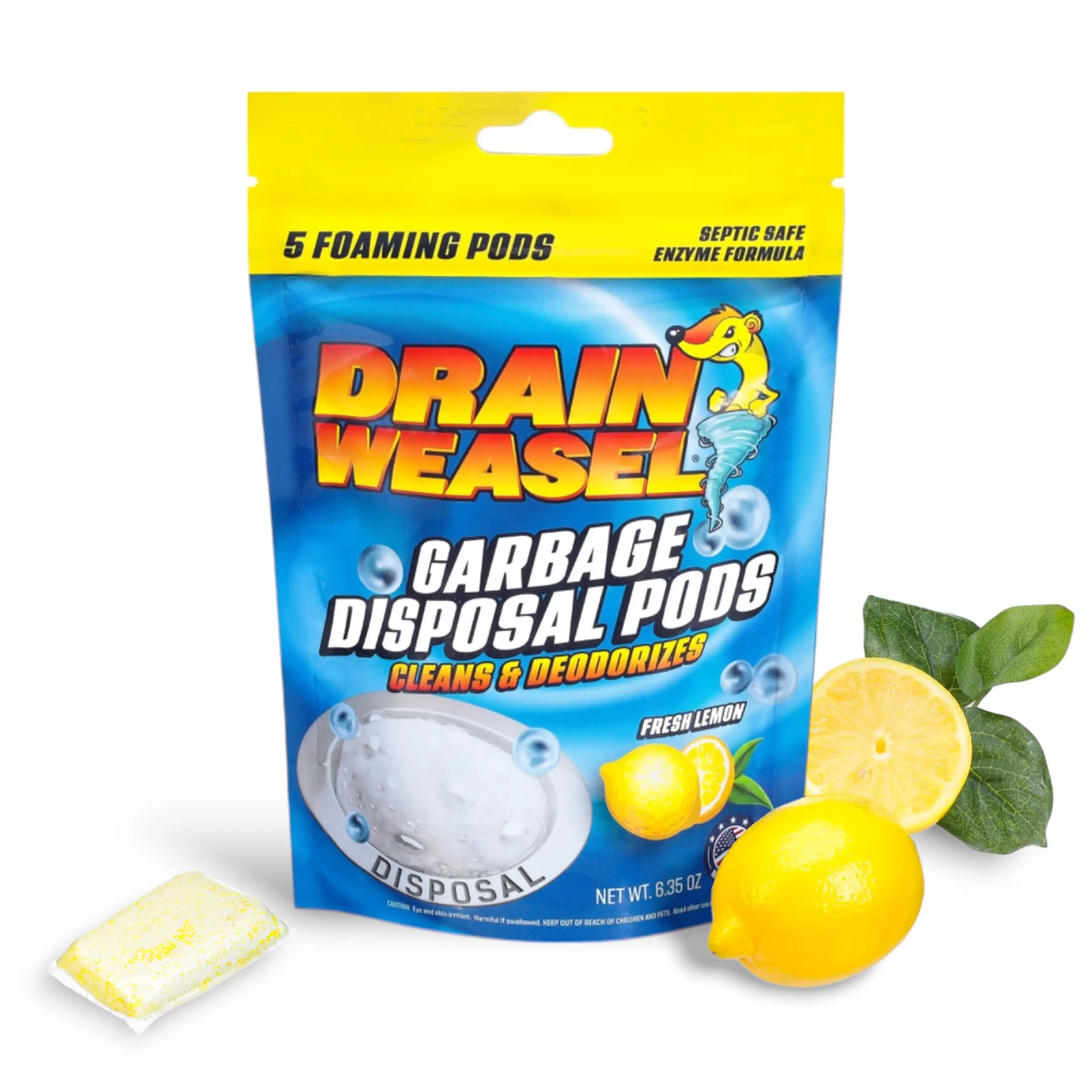 Drain Weasel Garbage Disposal Cleaner & Deodorizer Pods, Sink Odor Eliminator with Foaming Action, Septic-Safe Enzyme Formula, Fresh Lemon Scent, Pack of 5