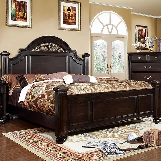 CM7129 Syracuse Queen Bed Set with Dark Walnut Finish, Oval Headboard, Floral Designs, Sturdy Construction, Antique Brass Hands, Acrylic Accents, Durable Drawer Glides, Versatile Storage