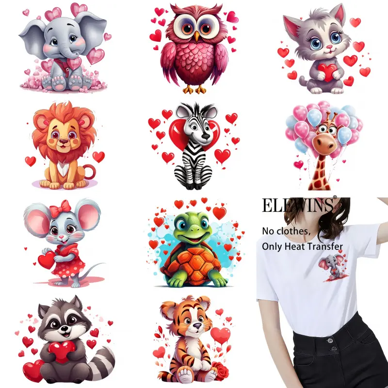 12 PCS Valentine Heart Cartoon Animal Heat Transfer Vinyl Stickers Iron on Patches for Tshirts Jeans Hats Backpacks Easy Peel DIY Craft Supplies for Clothes Decorations