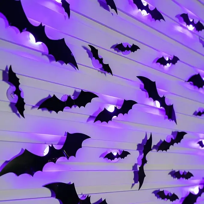 36-Piece Lighted 3D Halloween Bat Wall Decor Set, Removable PVC Decorative Stickers with Assorted Sizes for Indoor Home Window Party Supplies
