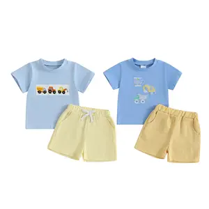 Toddler Boys Country Farm Summer Clothes Baby Excavator Embroidery Short Sleeve T-Shirt Striped Gingham Plaid Shorts 2Pcs Set