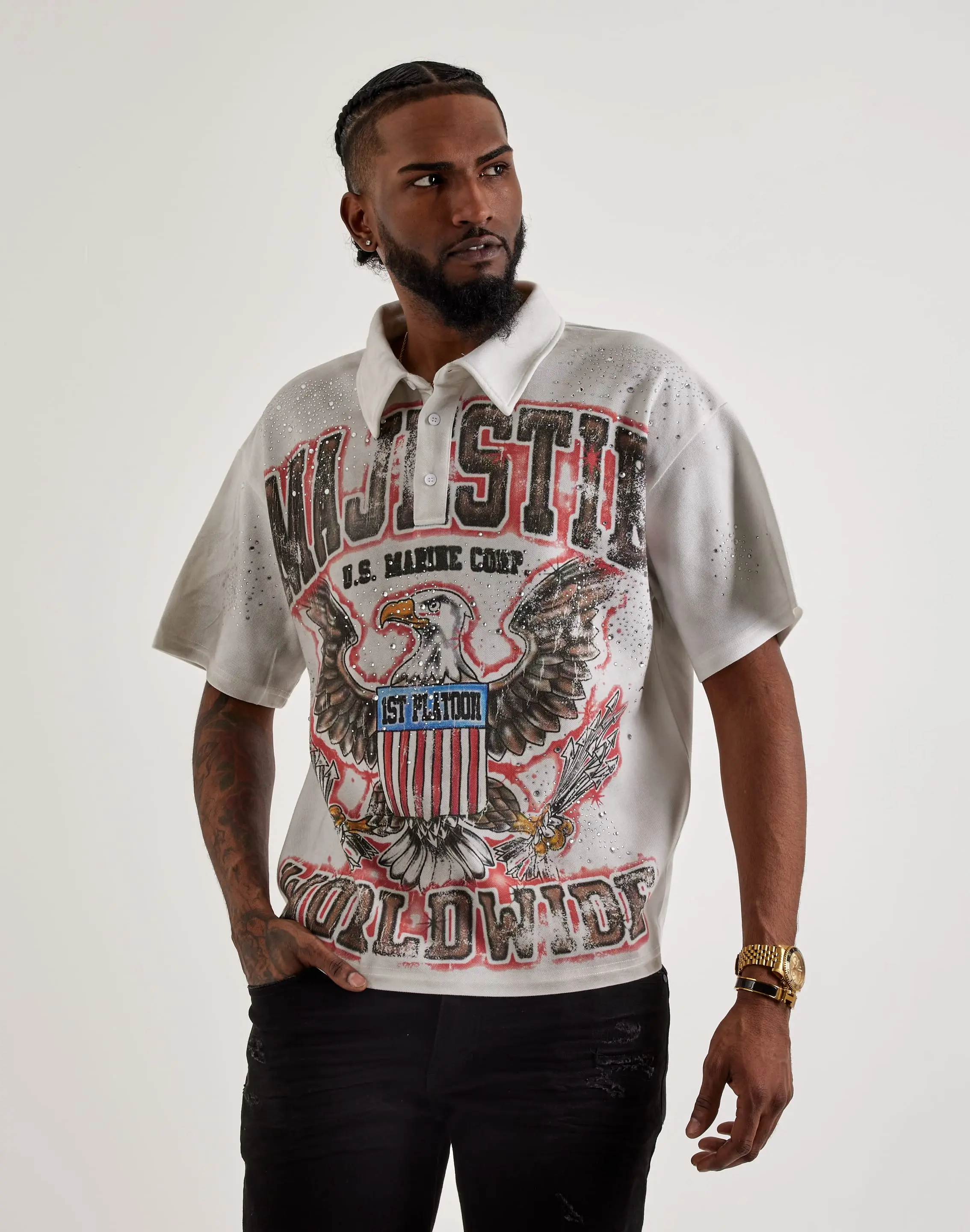 Mens Majestik Eagle Rhinestone Polo Shirt