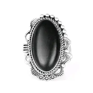 Flexible Black Stone Ring with Ornate Silver Frame, Studs and Serrated Textures (other colors available)