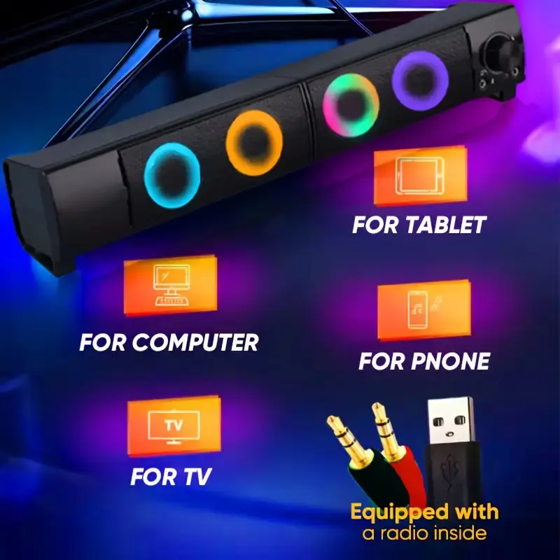 HEARBOBO 2-in-1 Dual-Speaker Computer Speaker with RGB LED, 5.0 Stereo HIFI- Subwoofer, 3.5mm Headphone Jack, USB-Powered Desktop Speaker for Gaming & Home Theater, Button Control, 4 Speakers, 36V or Below, Non-Waterproof, Tabletop Mounting, Bass Boost,