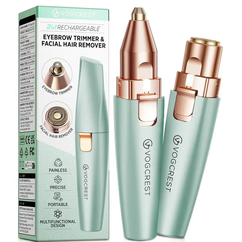 VG VOGCREST Eyebrow Facial Trimmer: 2 in1 Rechargeable Facial Hair Removal and Eyebrow Shaver - Face Lips Body Painless Facial Razor with Built-in LED Light (Pastel Green)