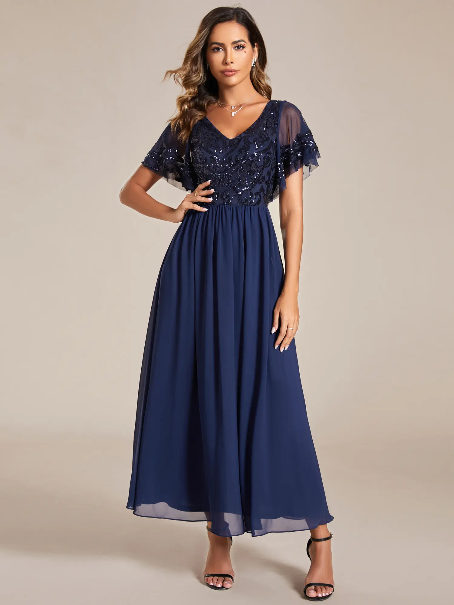 EVER PRETTY Women's A-Line Mother of the Bride Dress, V-Neck Sequin Chiffon Formal Evening Gown with Short Sleeves and Zipper, Fabric, Garment, Bottom, Style