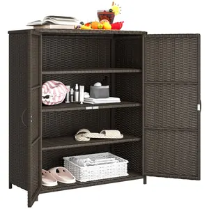 Outsunny Wicker Outdoor Storage Cabinet with Shelves, 4-Shelf Outdoor Pool Towel Cabinet with Two Doors, Rattan Patio Storage Shelves for Garden, Backyard, Porch