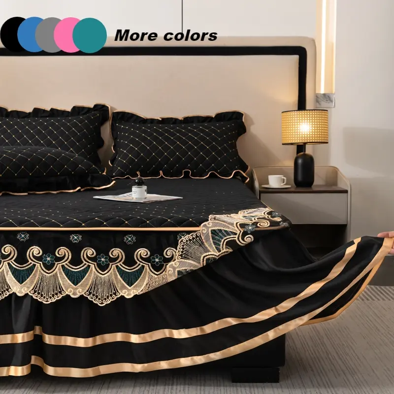 Lace Bedskirt Set with 2 Pillowcases, Thick Quilted Mattress Protector, All-Season Use, Bedroom Decorative Bedding Set, Bedroom Elegant Versatile Decor