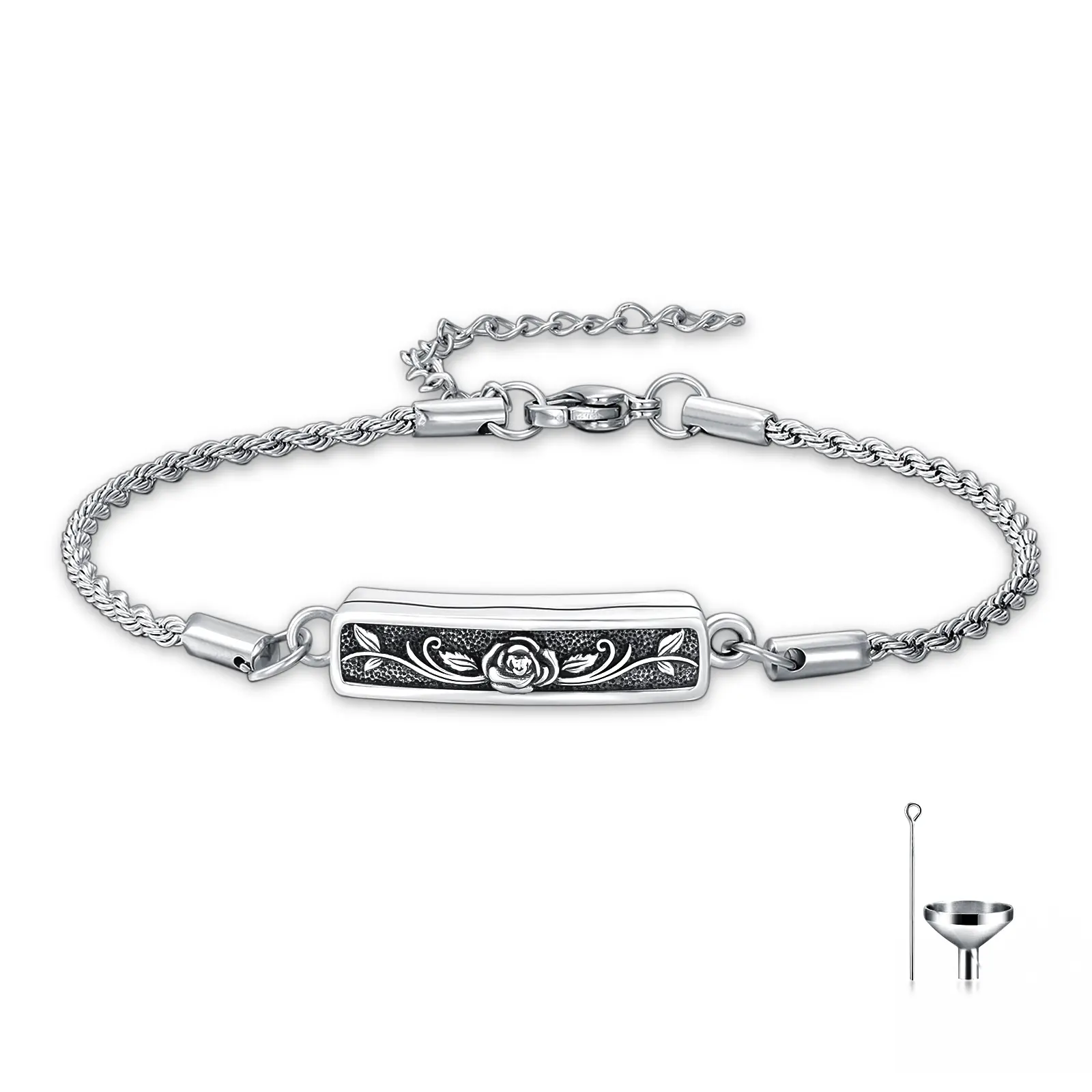 MEIDERBO 925 Sterling Silver Unisex Memorial Urn Bracelet - Dream Chaser Rose Motif Ashes Holder Pendant, Bella Chain, Stainless Steel Rope Chain, 7+2 in Fit, Symbolic Elegant Jewelry, Memorial Gifts
