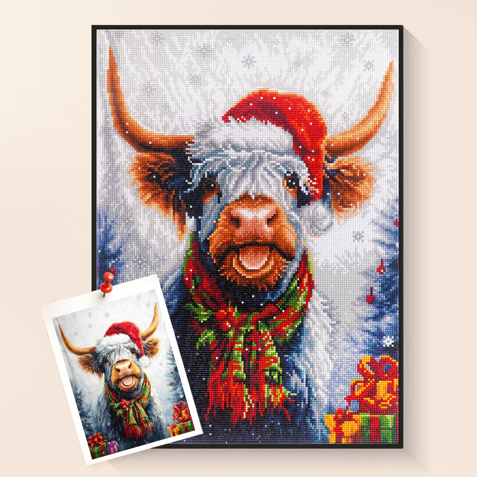 Christmas Highland Cow Full Drill Diamond Painting DIY Kit - Animal Art DIY Kits, Premium Crystal Diamonds for Intricate Detailing, Santa Hat-Plaid Scarf Festive Design, Holiday Home Wall Decor Gift for Animal Lovers