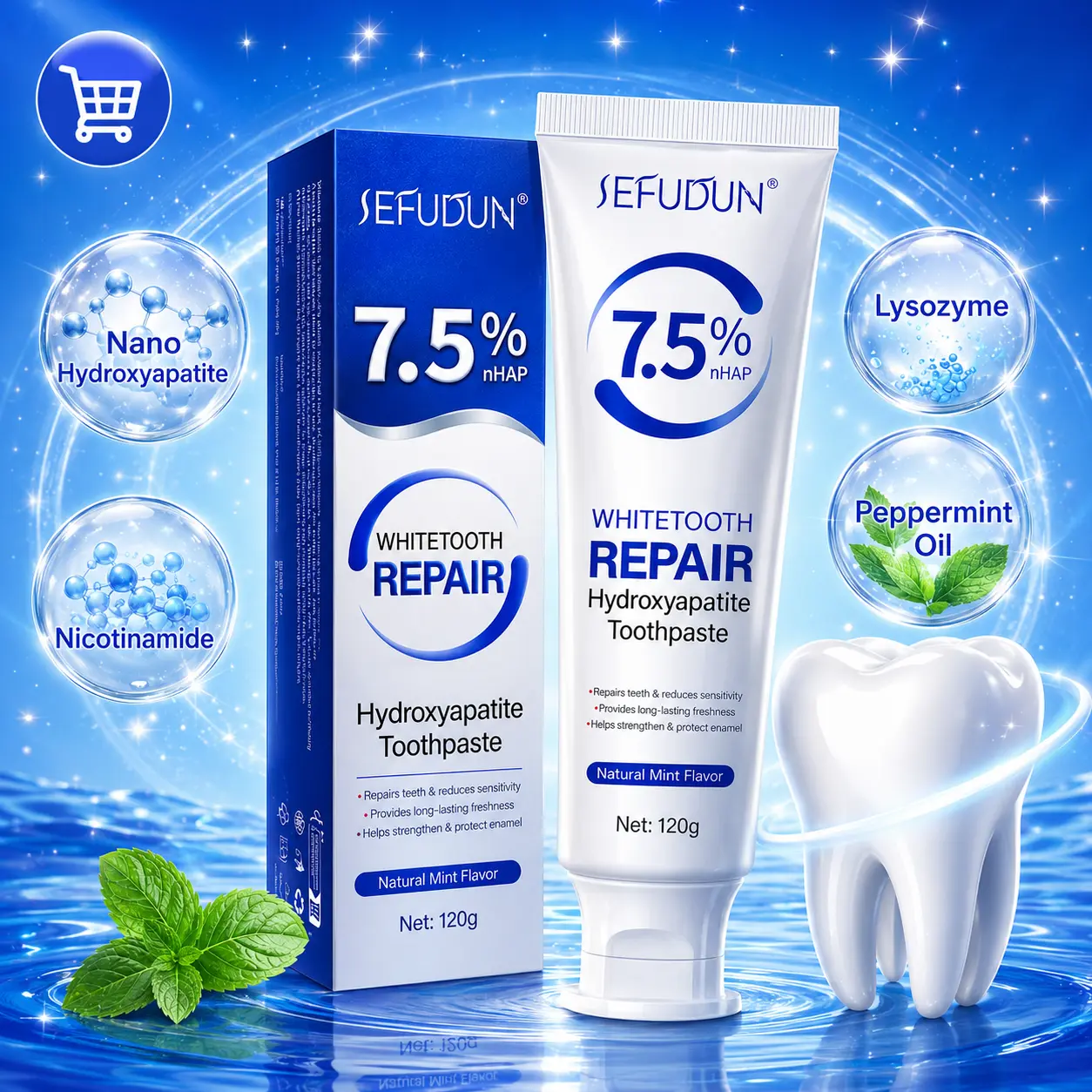 [Buy One Get One Free] SEFUDUN 7.5% nHAP Nano Hydroxyapatite Toothpaste | Fluoride-Free, Repairs Enamel, Reduces Tooth Sensitivity, All-Day Fresh Breath, Natural Mint 120g