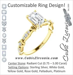 Cubic Zirconia Engagement Ring- The Willow (Customizable Radiant Cut Artisan Design with 3 Kinds of Round Cut Accents)