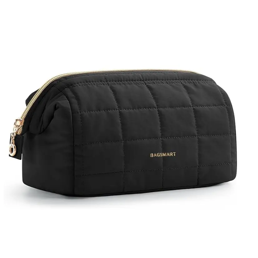 BAGSMART Makeup Bag Travel Toiletry Bag, Wide-open Zipper Pouch, Black | Puffy Padded, Travel Essentials, Make Up Bag, For Women, Makeup Organizer, Toiletries Accessories Brushes
