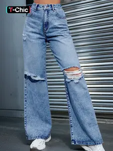 Women's Ripped High Waist Wide Leg Jeans, Casual Street Pocket Button Fly Denim Trousers, Ladies Bottoms for All Seasons Pants
