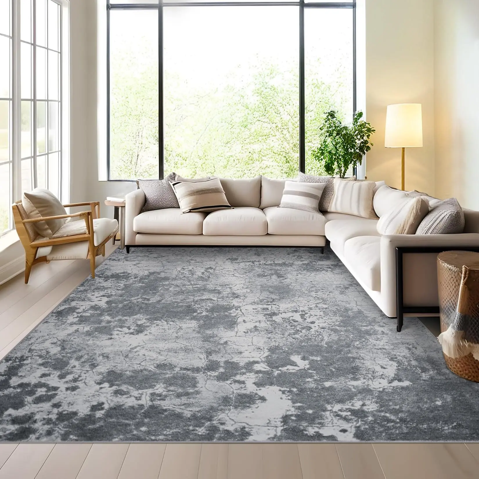 Garvee Living Room Area Rugs - 8x10 Washable Abstract Neutral Modern Large Soft Indoor Rug Stain Resistant Non Slip Carpet for Bedroom Dining Room Farmhouse Home Office Grey