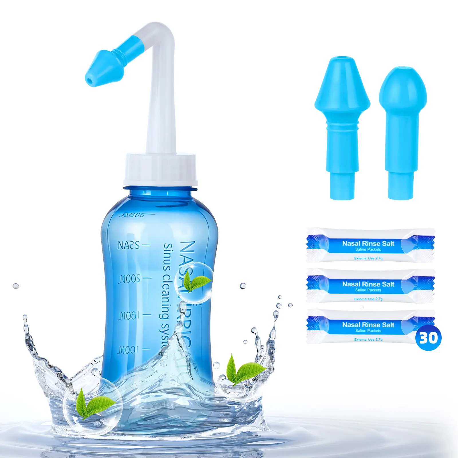 Anylock Neti Pot Sinus Relief Kit, 300ml BPA-Free Travel Nasal Irrigation Bottle with Anti-Backflow Valve for Adults, Includes 30 Saline Packets, Aid Nasal Cleaning, Plastic, One-Way Valve