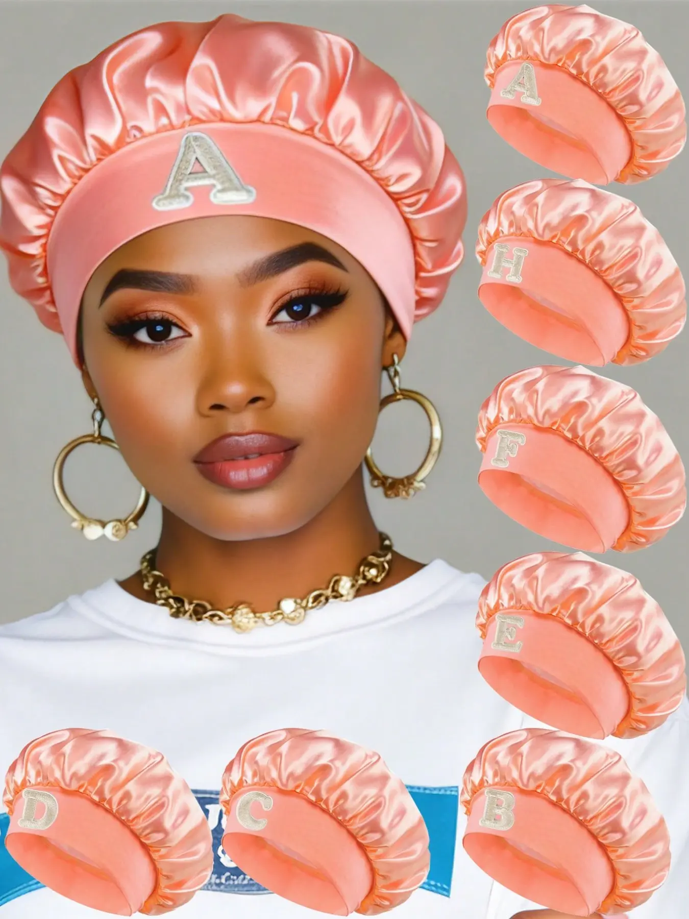 1Pc A - Z Letter Women's Peach Pink Satin Hair Bonnet, Hair Cap, Luxury Shiny Comfortable Head Cover, Hat, Suitable For Daily Hair Care, Home Washing, Nighttime Grooming,SPA Treatments, Home Office