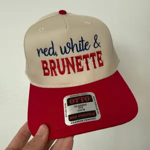 Red, White & Brunette Trucker Hat, Embroidered Hat, Gift for Him