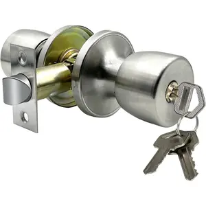 Satin Nickel Door Knob with Lock and Key, Round Ball Lock Interior/Exterior Door Knob, Entry Door Handle for Bedroom and Bathroom, Standard Ball