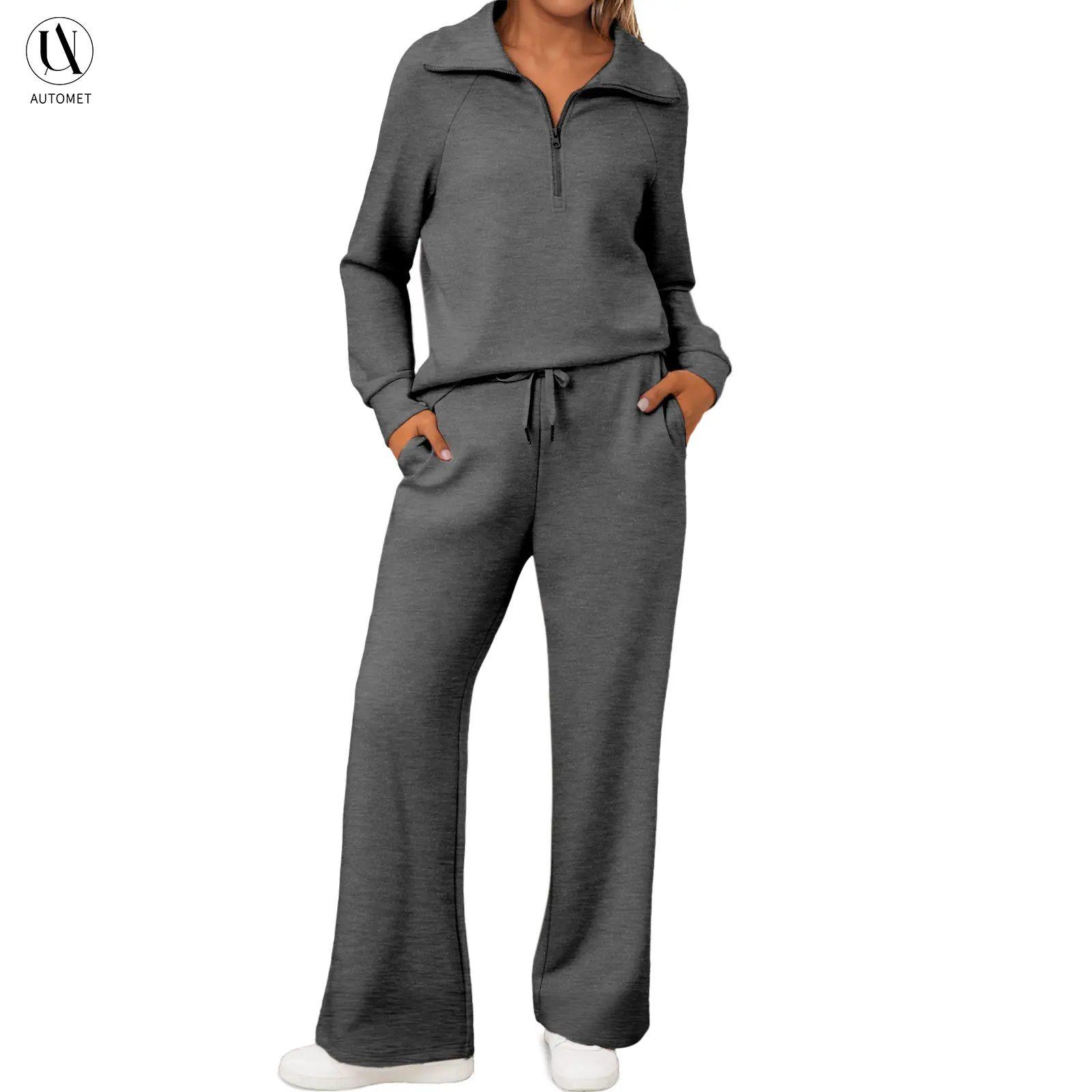 AUTOMET Women's 2-Piece Oversized Half-Zip Long-Sleeve Sweatshirt & Wide-Leg Sweatpants Lounge Tracksuit - 2026 Fall Trendy Sports Suit, Loose Fit, for Daily Lounging, Women 2 Piece Sets, Sports Suit Tracksuits, Tracksuit Sweat Suits