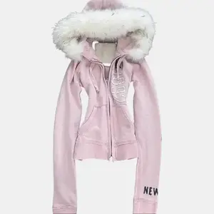 Vintage American Pink Faux Fur Hooded Sweatshirt Cinch Waist Y2K Cropped Sweater Alternative Outerwear Long Sleeve Casual Minimalist Winter Pullover Tops Womenswear Basic - Check