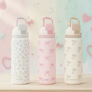 Sandjest 32oz Sport Water Bottle with Straw Push Button Lid, Stainless Steel Portable Leak-Proof Drinkware Flasks, Valentine Gift for Travel Outdoor