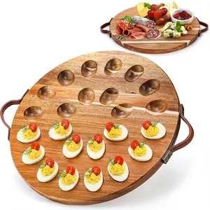 Hiceeden Acacia Wood Deviled Egg Platter with Handles for Easter, 24 Holes Round Deviled Egg Tray Container, Reversible Charcuterie Board Egg Plate Serving Tray for Countertop