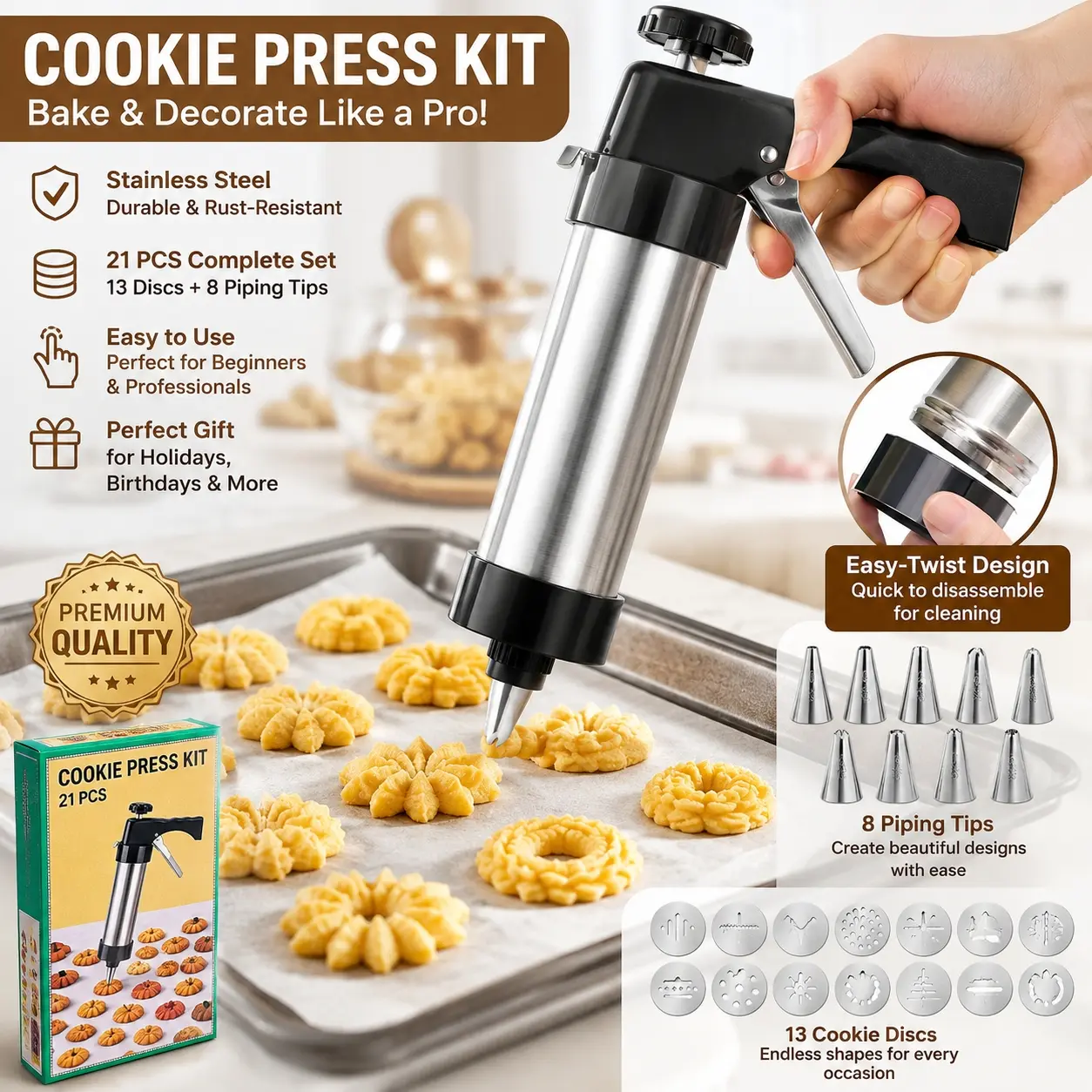Stainless Steel Cookie Press Kit, Spritz Cookie Maker Gun with 13 Discs & 8 Piping Tips, DIY Baking Decorating Tool for Cookies, Cream, Pastry, Holiday Cakes, Desserts, Home Kitchen Gifts for Beginners, Families & Bakers