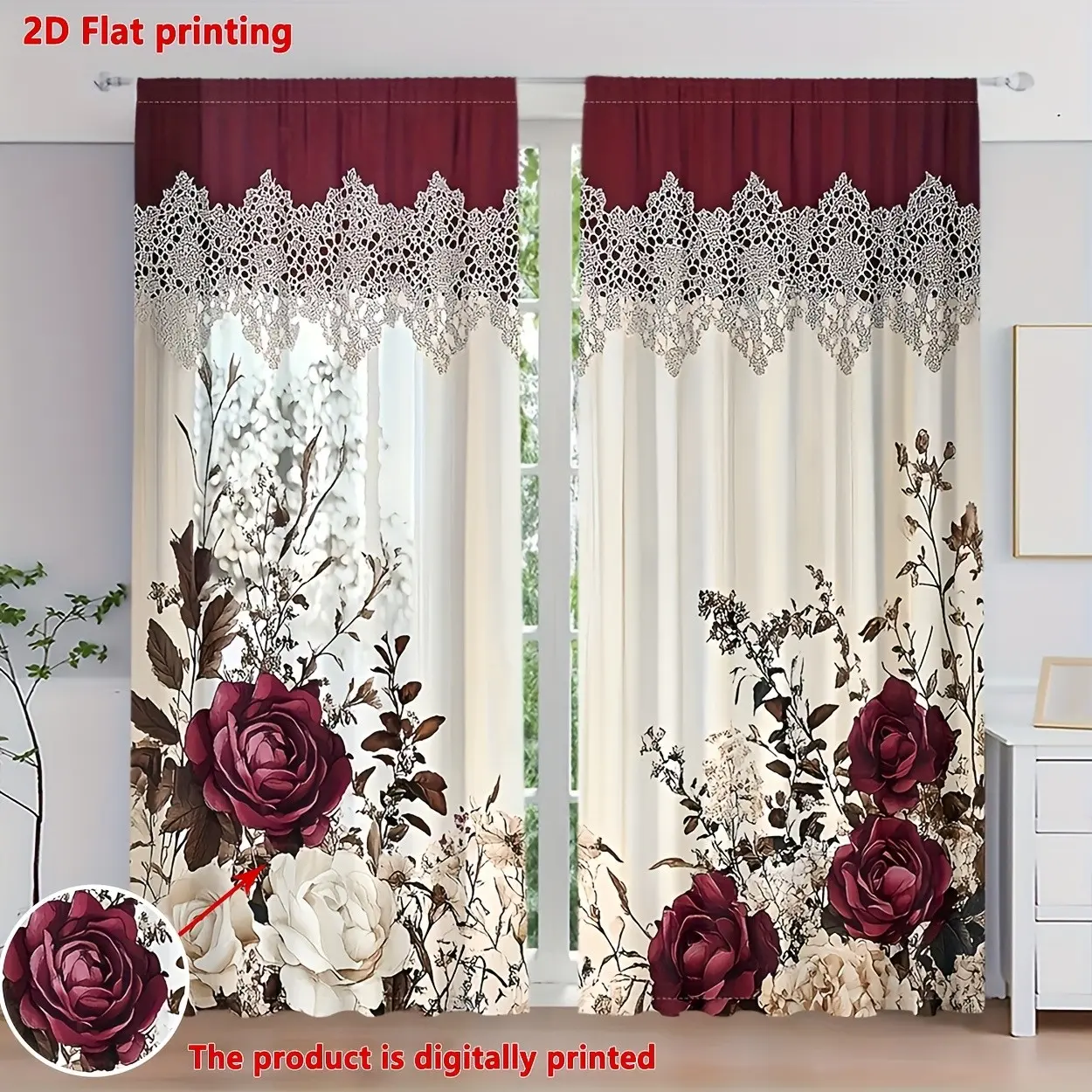 Vintage Rose Floral Print Victorian Style Curtains, Home Decoration Curtain, 2 Piece Set, Window Curtain, Window Drapes, Pocket Rod Installation, Easy Install Curtain, Digital Printing, Privacy Protection, Home Decorative Curtain