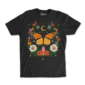 Boho Butterfly Crewneck Tshirt, Celestial Floral Graphic Tee, Designed and Printed in the USA by Loftipop