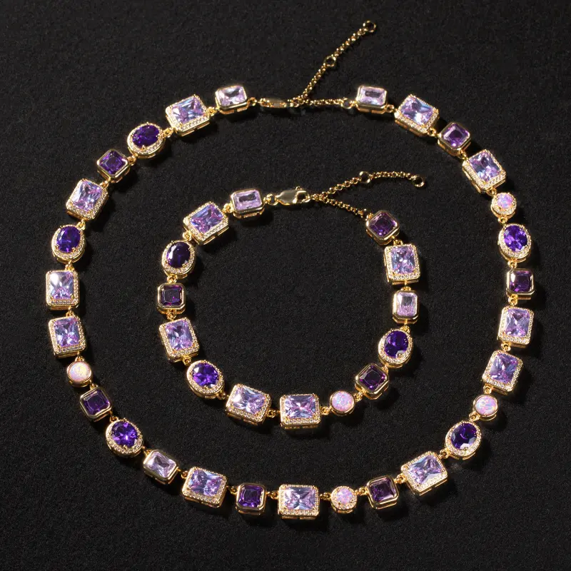 18K Gold Plated Purple Crystal Geometric Necklace Ice Out Violet Stone Pendant Chain Luxury Hip Hop Jewelry for Men Women Modern Designer Y2K Streetwear Accessory
