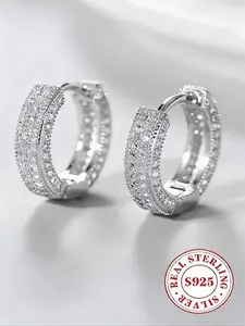 S925 Sterling Silver Sparkling Zircon Hoop Earrings, Stylish and Luxurious Fashion Earrings in Gold, Silver and Black, Perfect for Parties and Daily Wear, Ideal Christmas Gift