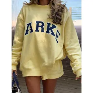Women's Casual Oversized Letter Print Pullover Sweatshirt, Loose Fit Crew Neck Long Sleeve Hoodie, Fall Outfits For Airport, Back To School