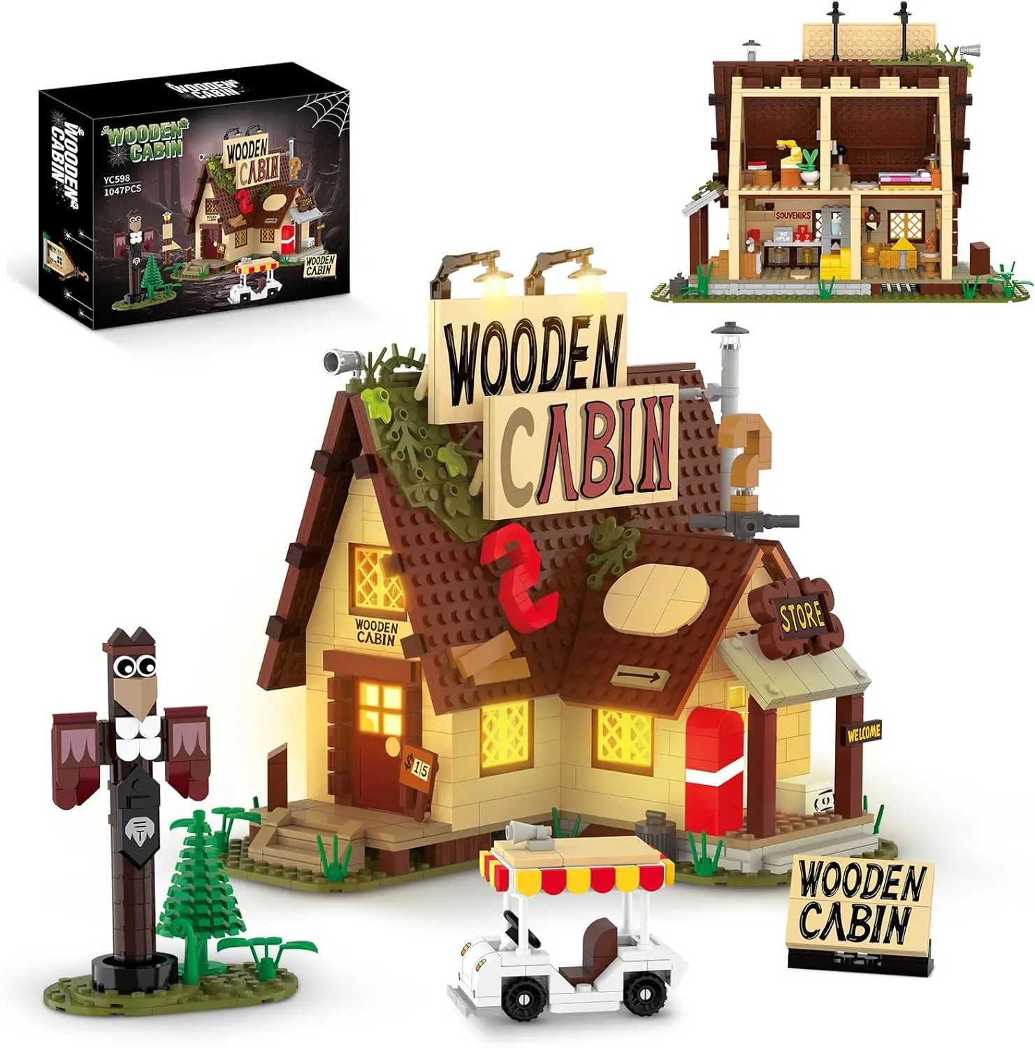 Mystery Cabin Building Blocks Set 1047PCS - Brick Set, Buildable Interlocking & Decorative Puzzle, Mystery Toy, Creative DIY Stress Relief Wooden House Model for Adults, Ideal Holiday Gift for Cartoon Fans, Brick Set Buildings, Buildable Interlocking Buil