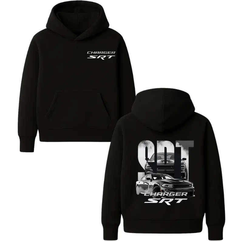 Charger SRT Hoodie – Black Pullover Hoodie Featuring High Performance Muscle Car Graphic and Bold SRT Street Racing Style Design