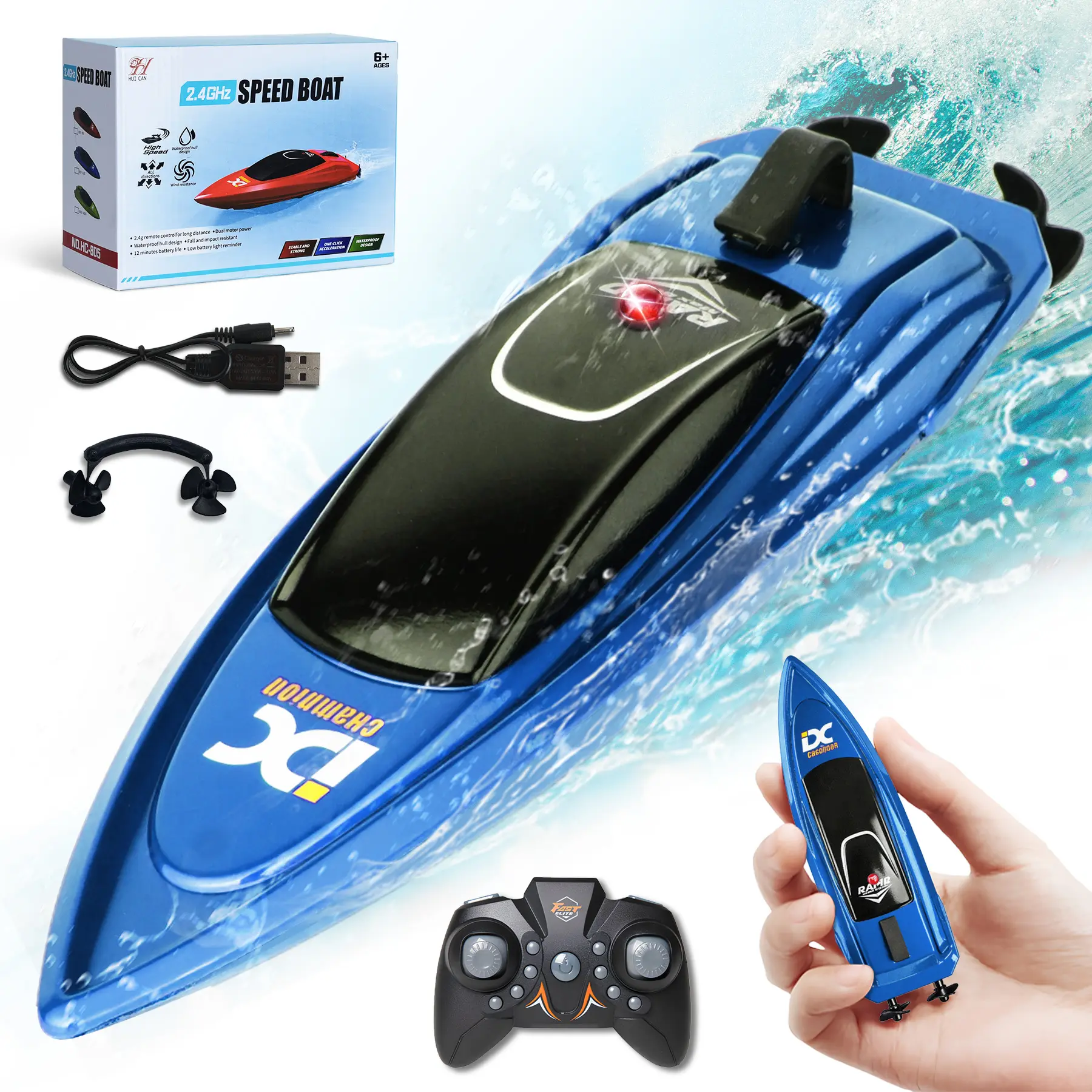 HOSIM Compact Mini RC Racing Boat Toy - 2.4G High-Speed 4CH Remote Control, 3.7V Rechargeable Lithium-Ion Battery, 15-Min Run Time, LED Light, Waterproof Blue ABS Material, 360° Self-Rotating Control, Type-C Cable, Birthday Presents for Ages 8+