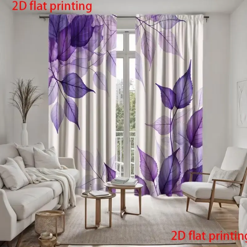 2-piece set of white background purple plant leaf curtains - semi transparent digital printing, pole bag design, suitable for living room and bedroom decoration, polyester fiber material, natural inspiration home decoration curtains