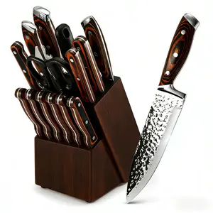 15-Piece Kitchen Knife Set with Wooden Self-Sharpening Block – High Carbon Japanese Stainless Steel Hammered Chef and Steak Knives Holiday Gift